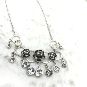 Silvertone Flower Crystal Dangle Pendant Necklace